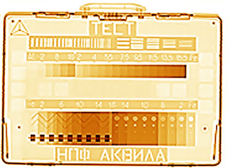 Image of testing case for measurements of spatial and density resolution.  Spatial reconstruction without temporal averaging was applied  (result of testing offered by representatives of Russian North-West Customs Authority, St. Petersburg).